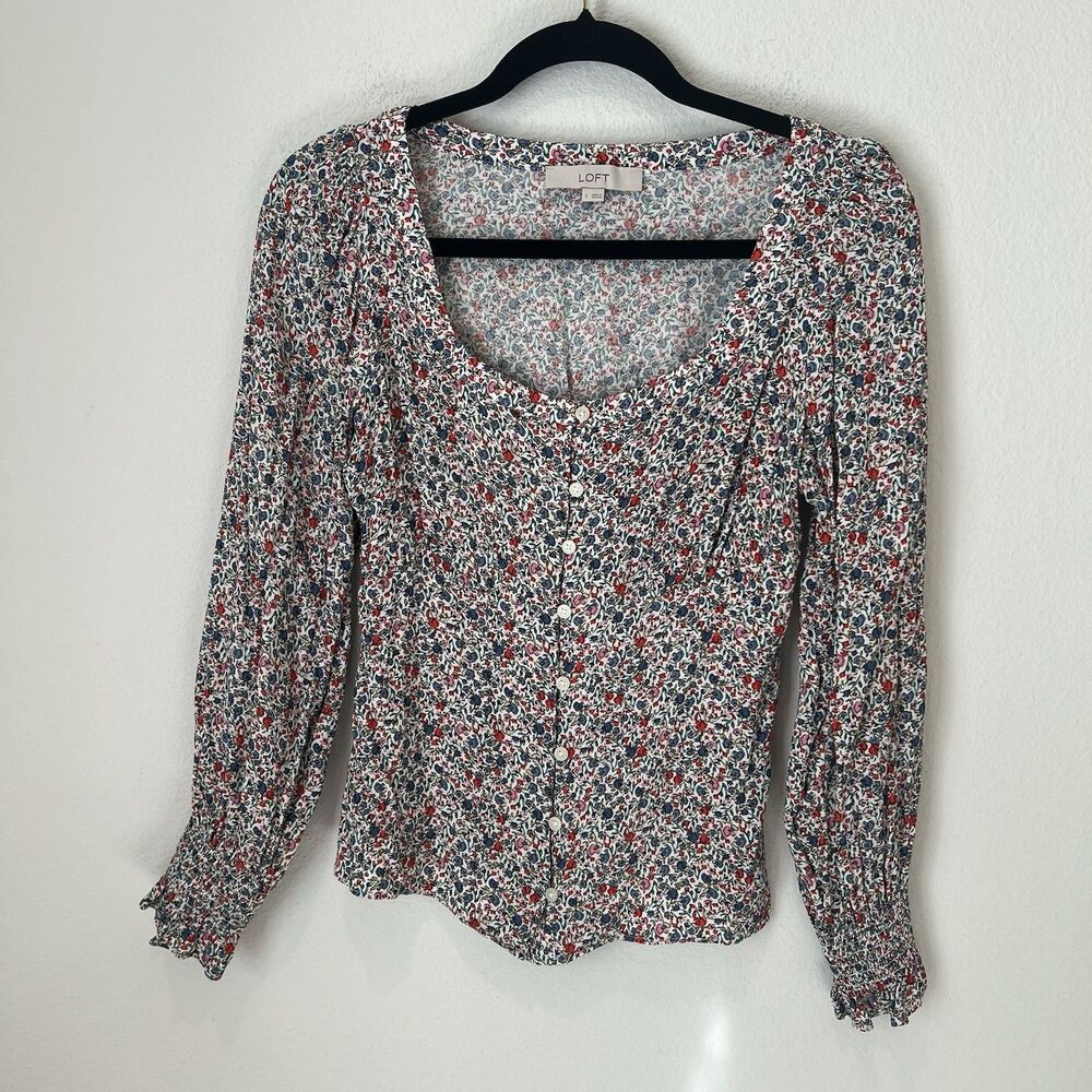 LOFT Ditsy Floral Button Front Blouse Smocked Cuff Long Sleeve Top Cottagecore